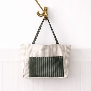 Striped Canvas Tote Bag with Front & Back Pocket - Green & Cream